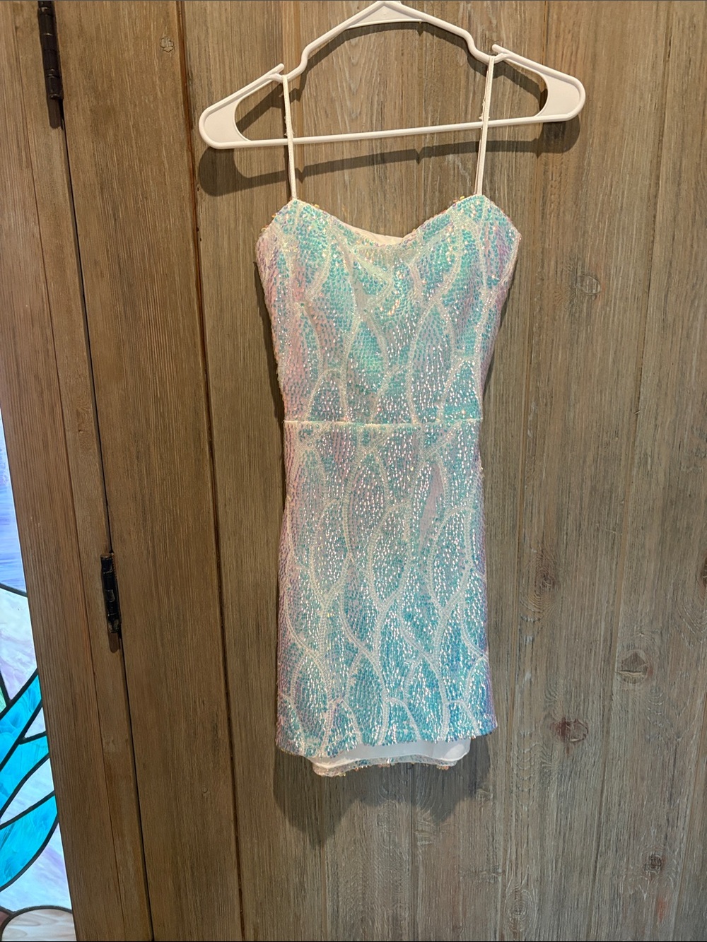 B Darlin Pastel Sequin Mini Dress in Aqua, Pink, White